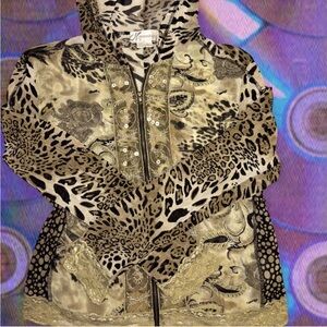 Y2K mesh animal print zip up hoodie with sequins and lace details